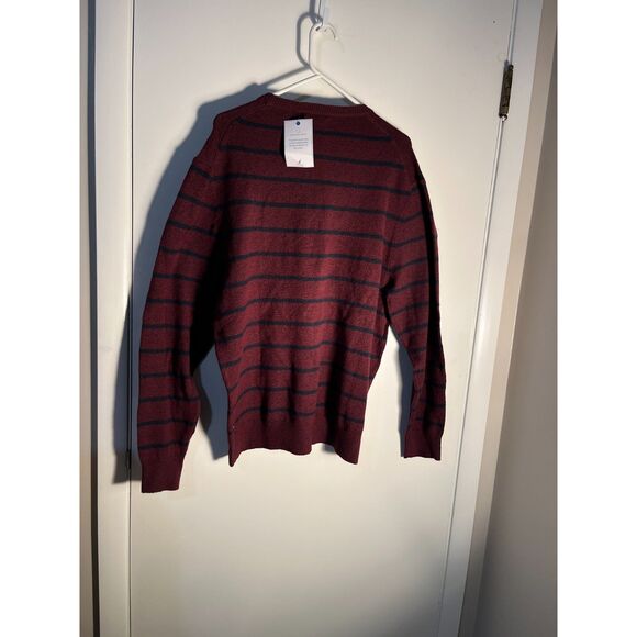 Men Nautica New Burgandy With Navy Blue Stripe Crewneck Sweater SZ XL - Picture 2 of 7
